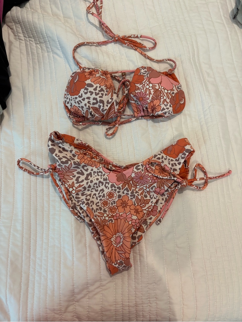Altar'd State Floral & Leopard Print Bandeau Bikini in Orange and Pink